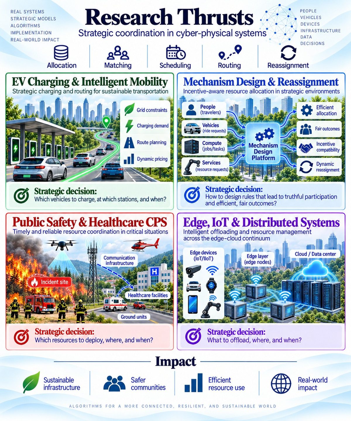 Research thrusts in cyber-physical systems covering EV charging and intelligent mobility, mechanism design and reassignment, public safety and healthcare CPS, and edge, IoT, and distributed systems.